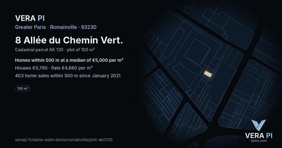 8 Allée du Chemin Vert, Romainville at night – the plot lit, the parcels around coloured by the prices near them