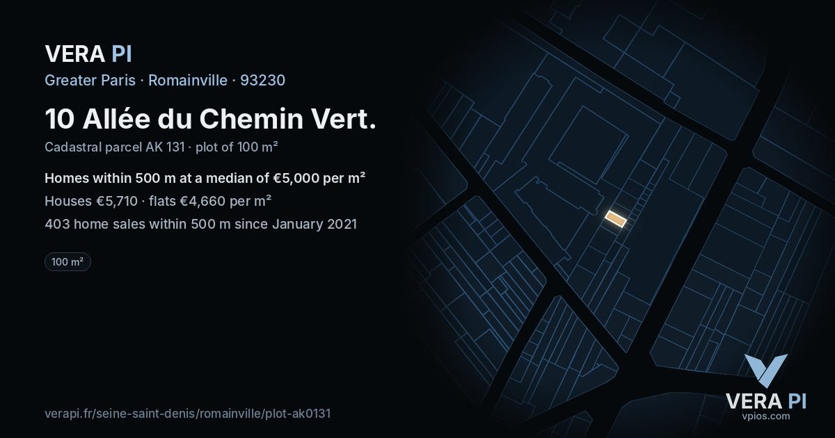 10 Allée du Chemin Vert, Romainville at night – the plot lit, the parcels around coloured by the prices near them
