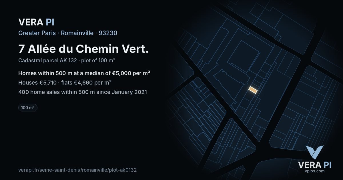 7 Allée du Chemin Vert, Romainville at night – the plot lit, the parcels around coloured by the prices near them