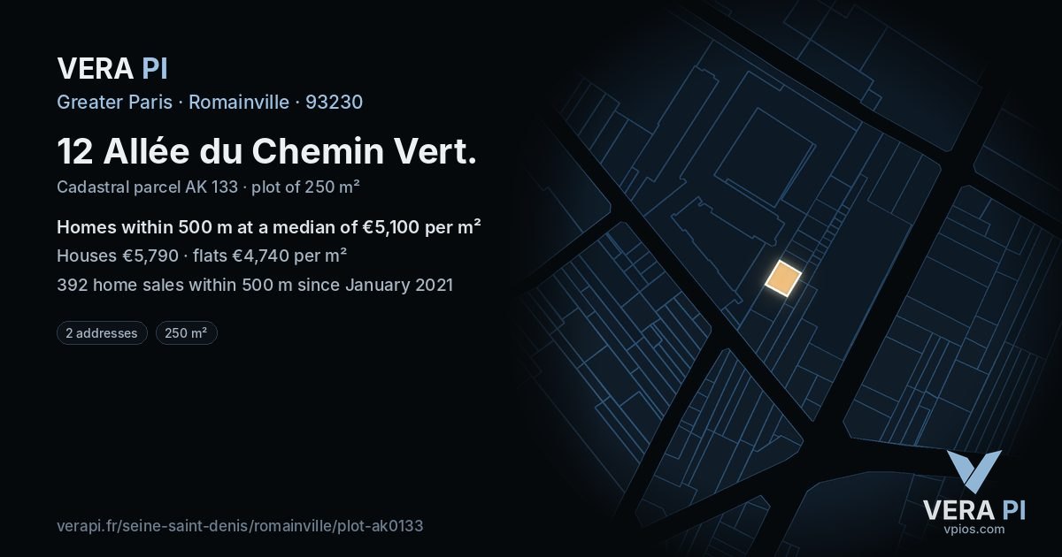 12 Allée du Chemin Vert, Romainville at night – the plot lit, the parcels around coloured by the prices near them