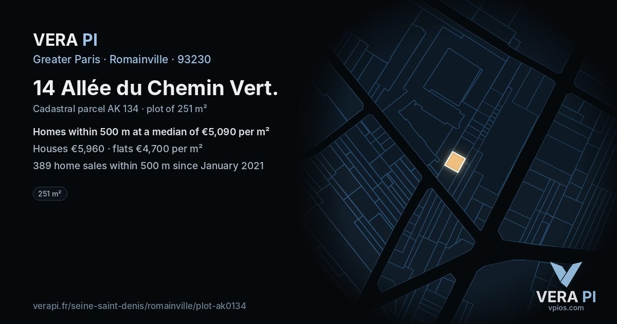 14 Allée du Chemin Vert, Romainville at night – the plot lit, the parcels around coloured by the prices near them