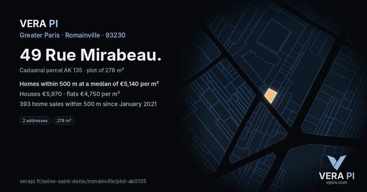 49 Rue Mirabeau, Romainville at night – the plot lit, the parcels around coloured by the prices near them