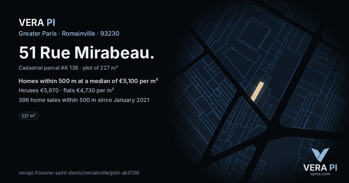 51 Rue Mirabeau, Romainville at night – the plot lit, the parcels around coloured by the prices near them