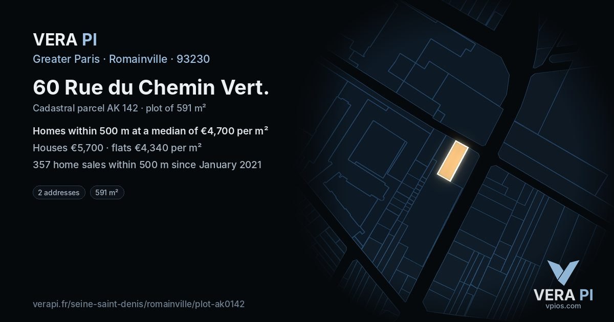 60 Rue du Chemin Vert, Romainville at night – the plot lit, the parcels around coloured by the prices near them