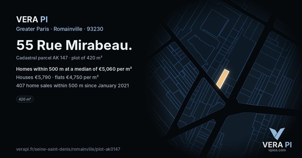 55 Rue Mirabeau, Romainville at night – the plot lit, the parcels around coloured by the prices near them