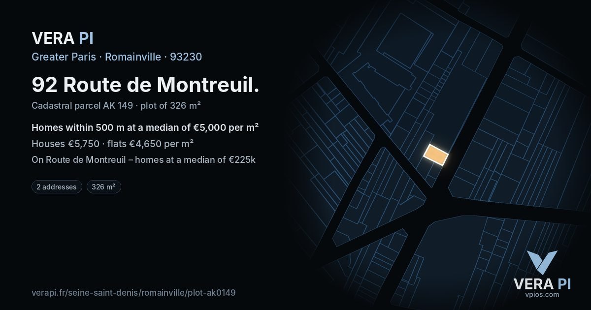 92 Route de Montreuil, Romainville at night – the plot lit, the parcels around coloured by the prices near them
