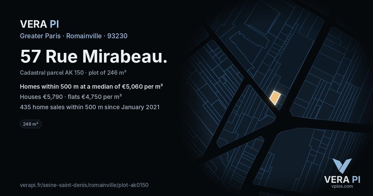 57 Rue Mirabeau, Romainville at night – the plot lit, the parcels around coloured by the prices near them