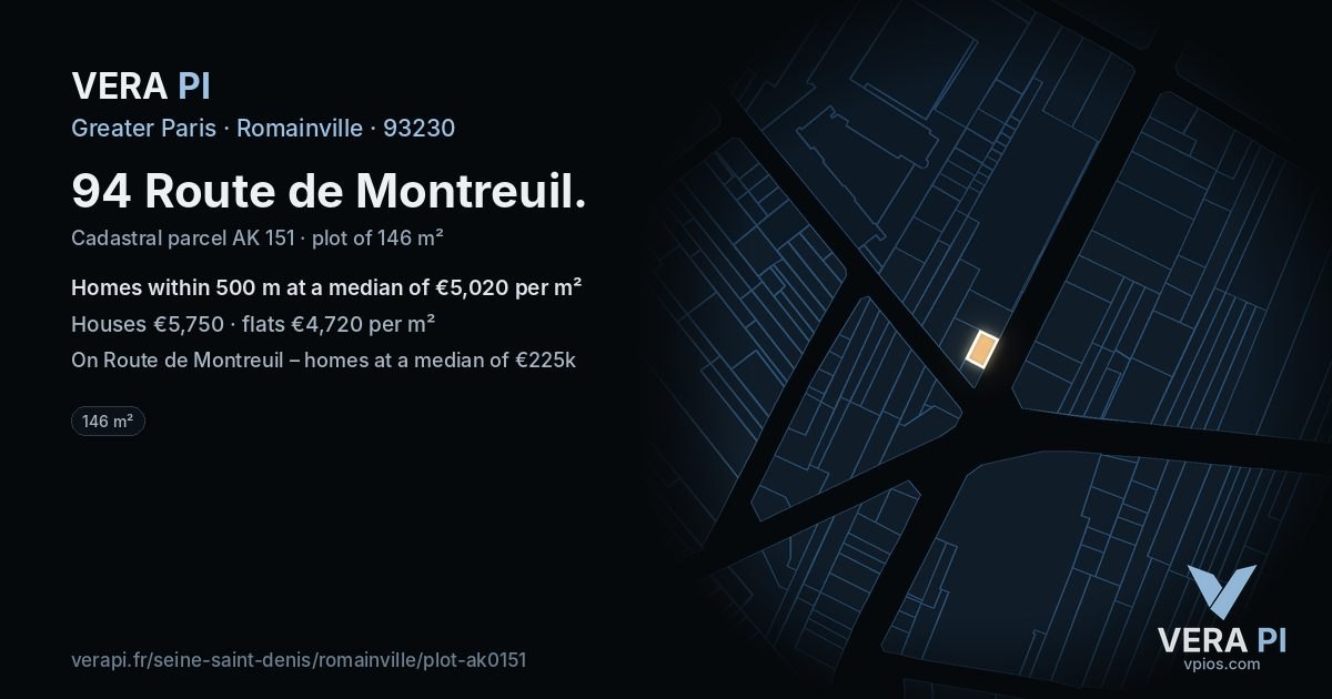94 Route de Montreuil, Romainville at night – the plot lit, the parcels around coloured by the prices near them