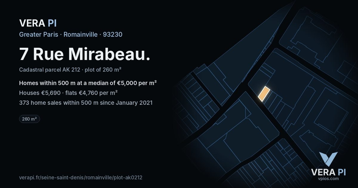 7 Rue Mirabeau, Romainville at night – the plot lit, the parcels around coloured by the prices near them