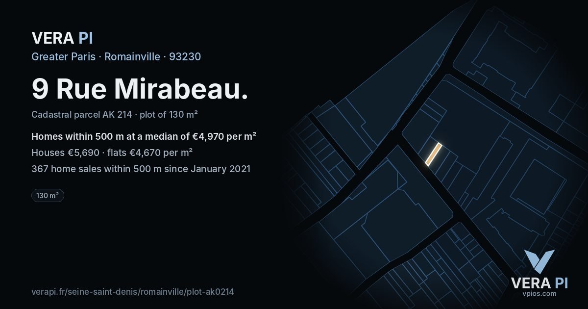 9 Rue Mirabeau, Romainville at night – the plot lit, the parcels around coloured by the prices near them