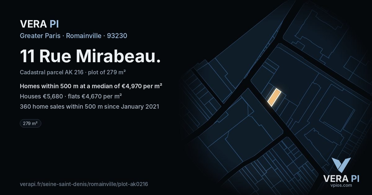 11 Rue Mirabeau, Romainville at night – the plot lit, the parcels around coloured by the prices near them