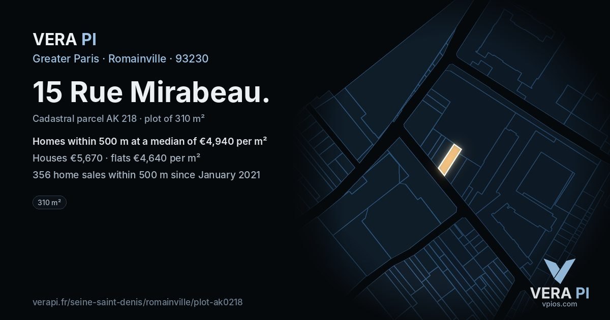 15 Rue Mirabeau, Romainville at night – the plot lit, the parcels around coloured by the prices near them