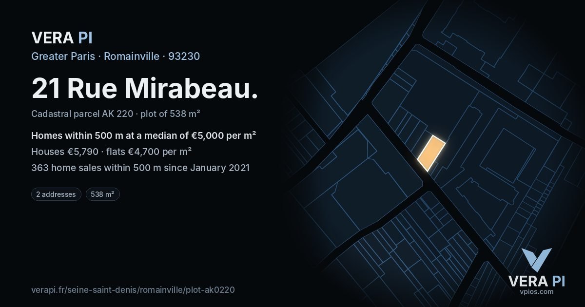 21 Rue Mirabeau, Romainville at night – the plot lit, the parcels around coloured by the prices near them