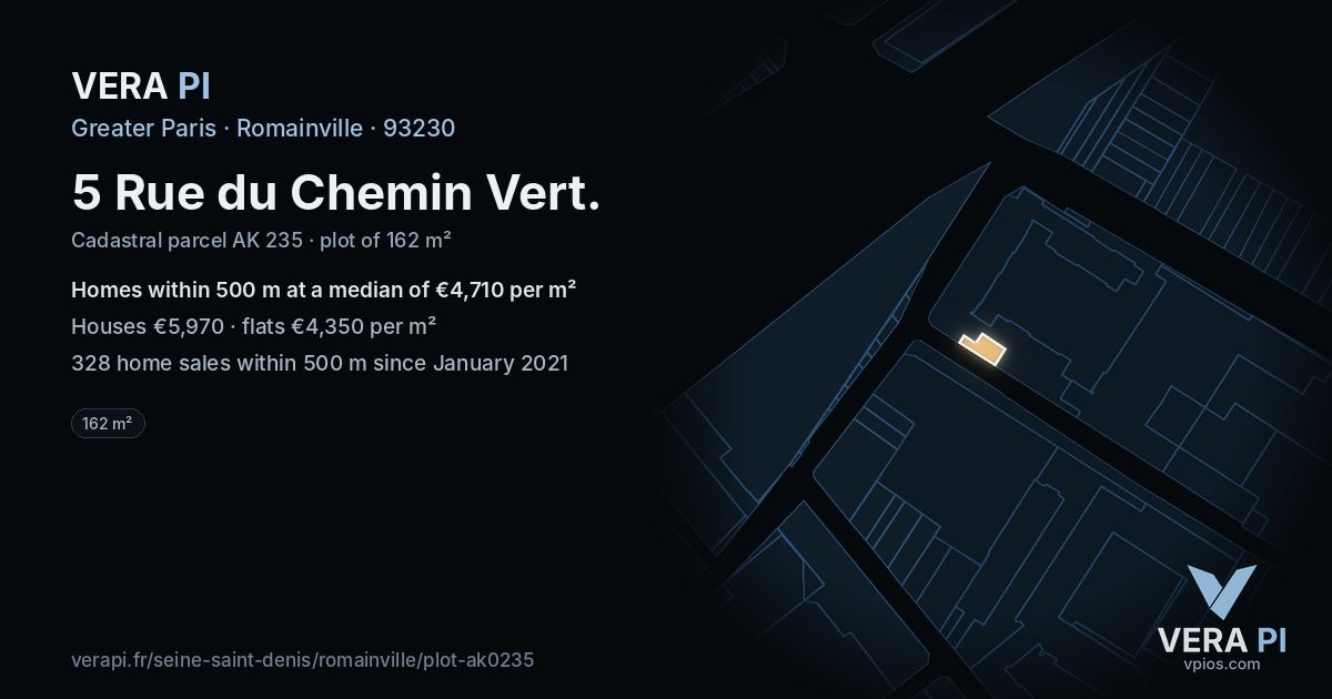 5 Rue du Chemin Vert, Romainville at night – the plot lit, the parcels around coloured by the prices near them