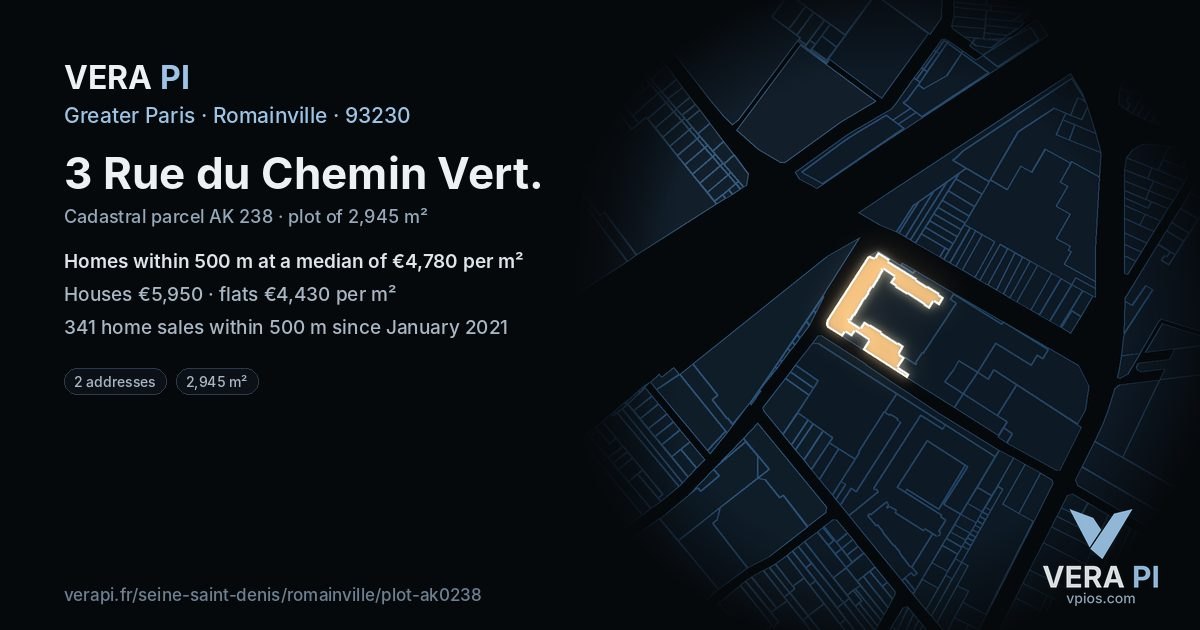 3 Rue du Chemin Vert, Romainville at night – the plot lit, the parcels around coloured by the prices near them