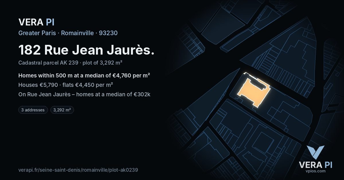 182 Rue Jean Jaurès, Romainville at night – the plot lit, the parcels around coloured by the prices near them
