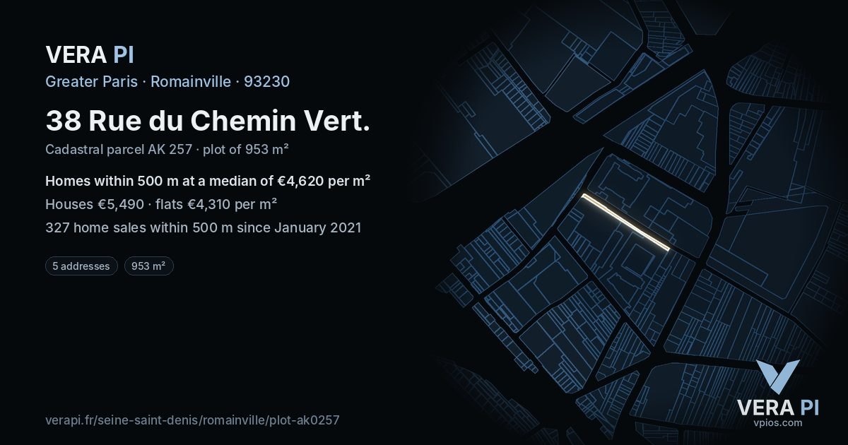 38 Rue du Chemin Vert, Romainville at night – the plot lit, the parcels around coloured by the prices near them