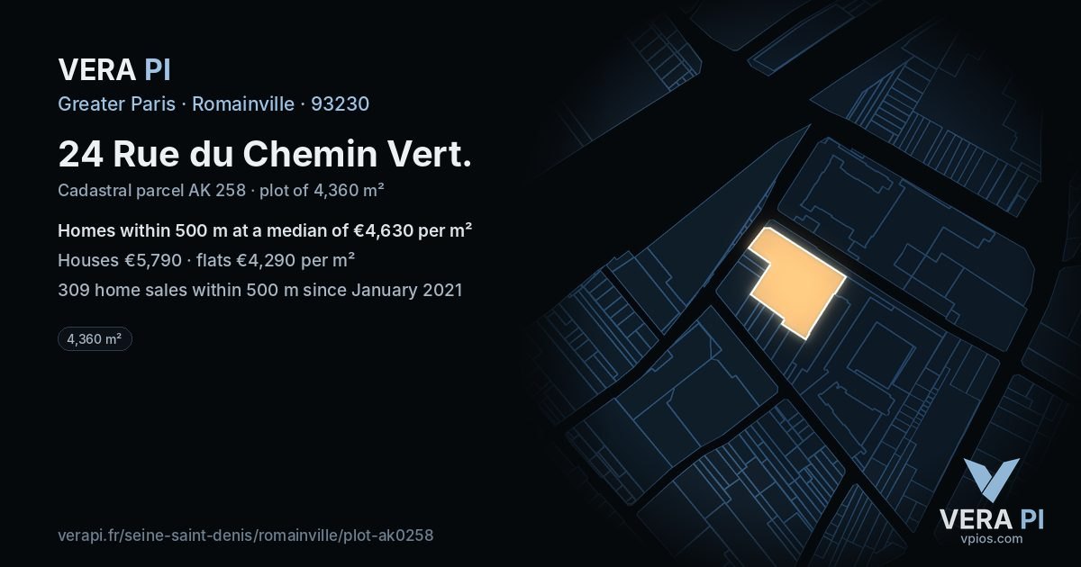 24 Rue du Chemin Vert, Romainville at night – the plot lit, the parcels around coloured by the prices near them