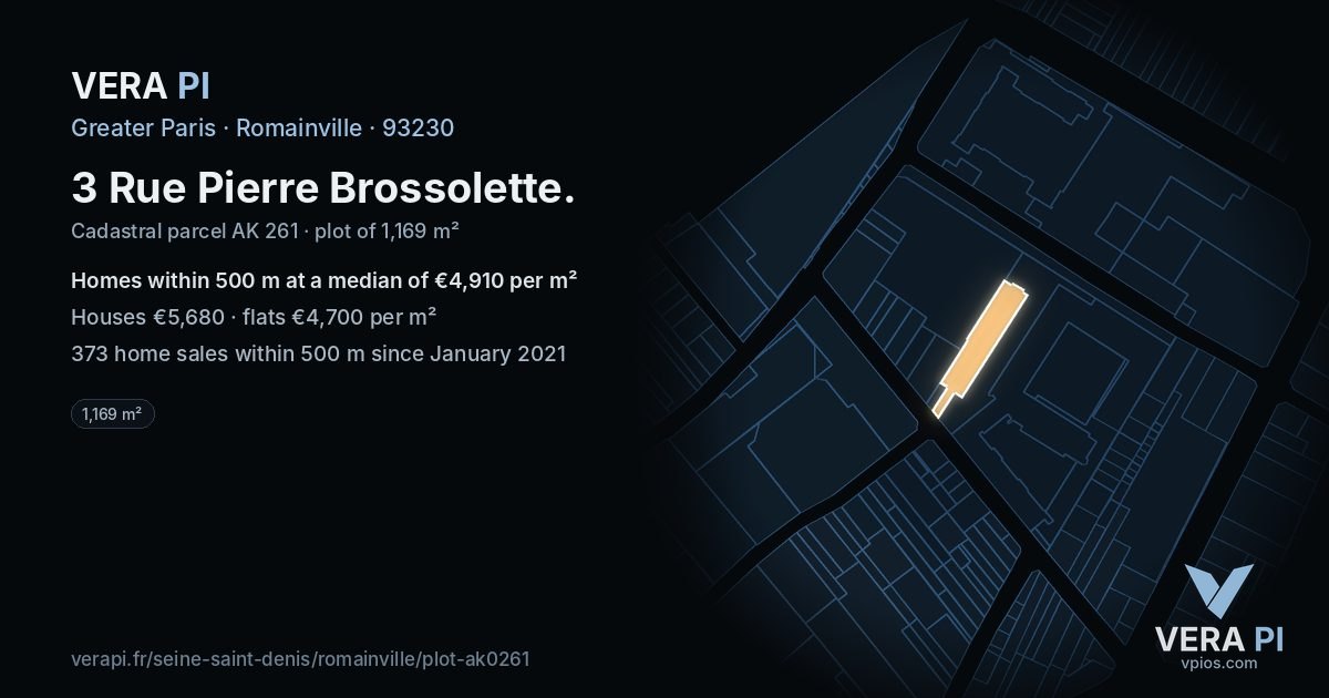 3 Rue Pierre Brossolette, Romainville at night – the plot lit, the parcels around coloured by the prices near them