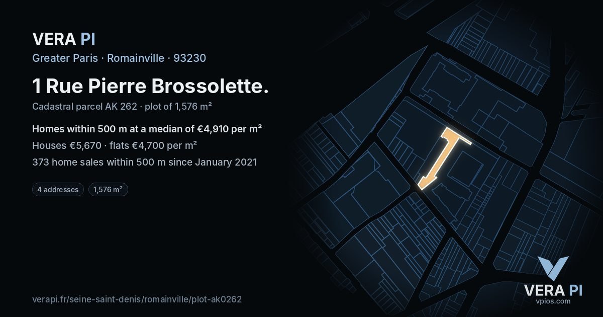 1 Rue Pierre Brossolette, Romainville at night – the plot lit, the parcels around coloured by the prices near them