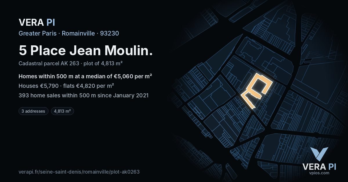 5 Place Jean Moulin, Romainville at night – the plot lit, the parcels around coloured by the prices near them