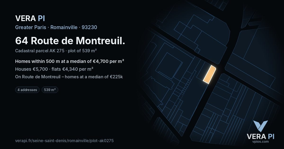 64 Route de Montreuil, Romainville at night – the plot lit, the parcels around coloured by the prices near them