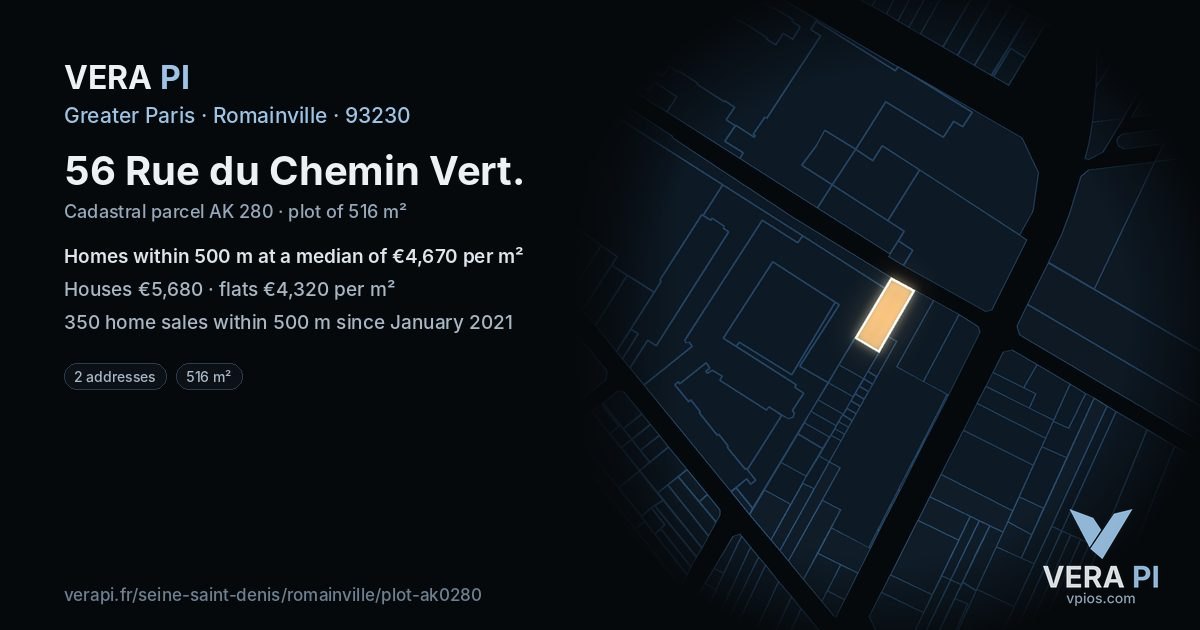56 Rue du Chemin Vert, Romainville at night – the plot lit, the parcels around coloured by the prices near them