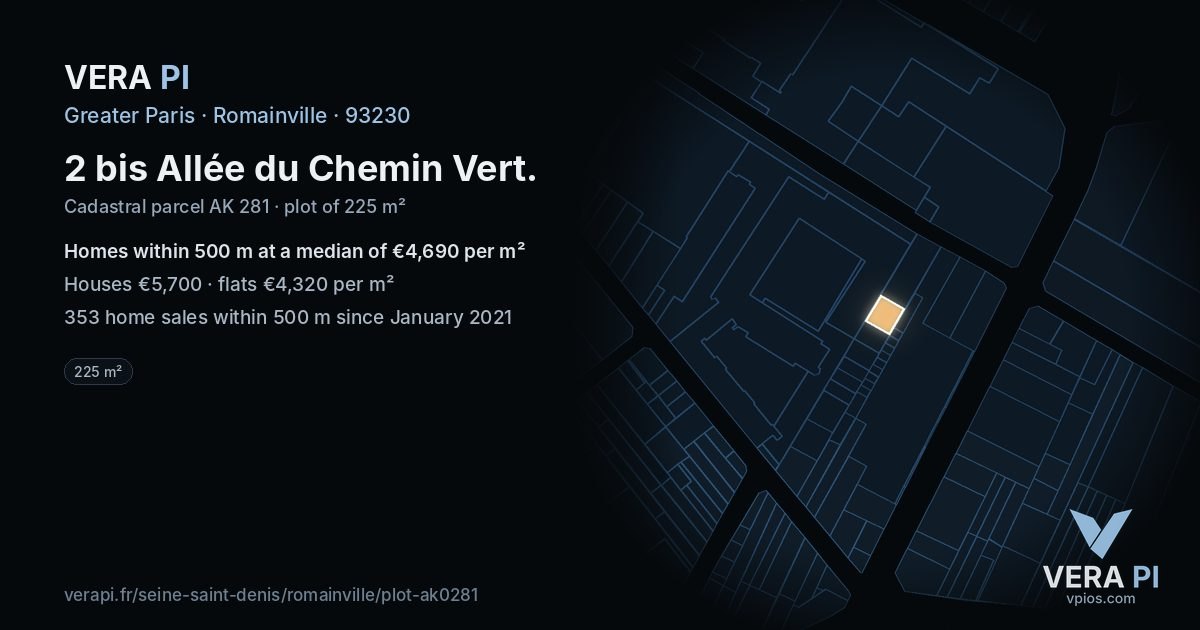 2 bis Allée du Chemin Vert, Romainville at night – the plot lit, the parcels around coloured by the prices near them