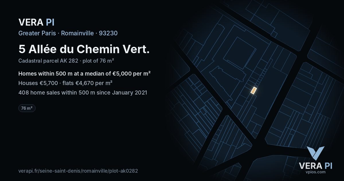 5 Allée du Chemin Vert, Romainville at night – the plot lit, the parcels around coloured by the prices near them