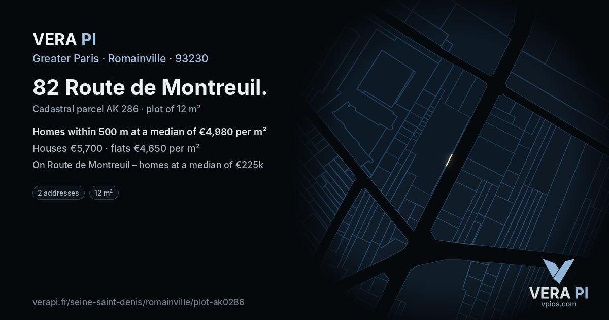 82 Route de Montreuil, Romainville at night – the plot lit, the parcels around coloured by the prices near them