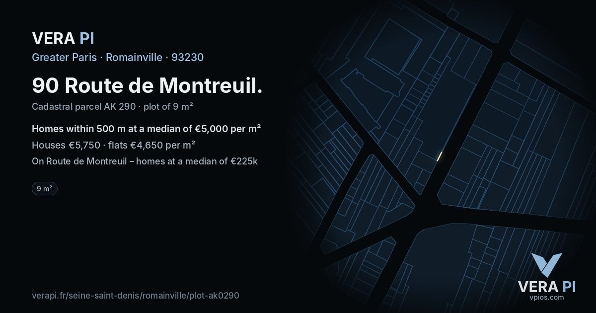 90 Route de Montreuil, Romainville at night – the plot lit, the parcels around coloured by the prices near them