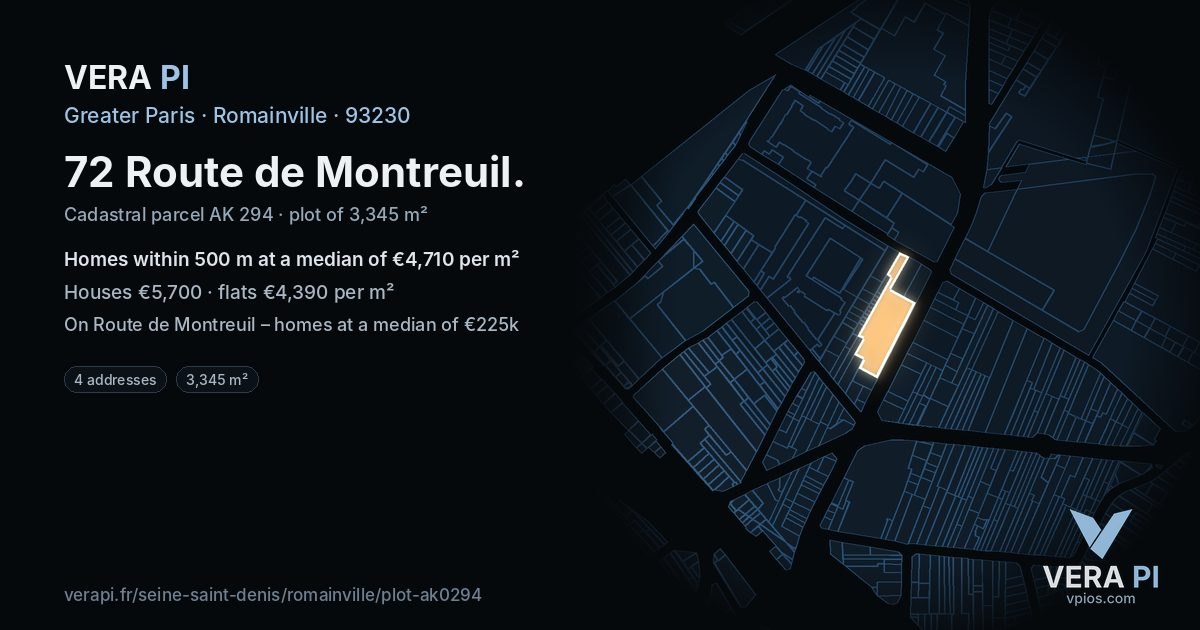 72 Route de Montreuil, Romainville at night – the plot lit, the parcels around coloured by the prices near them