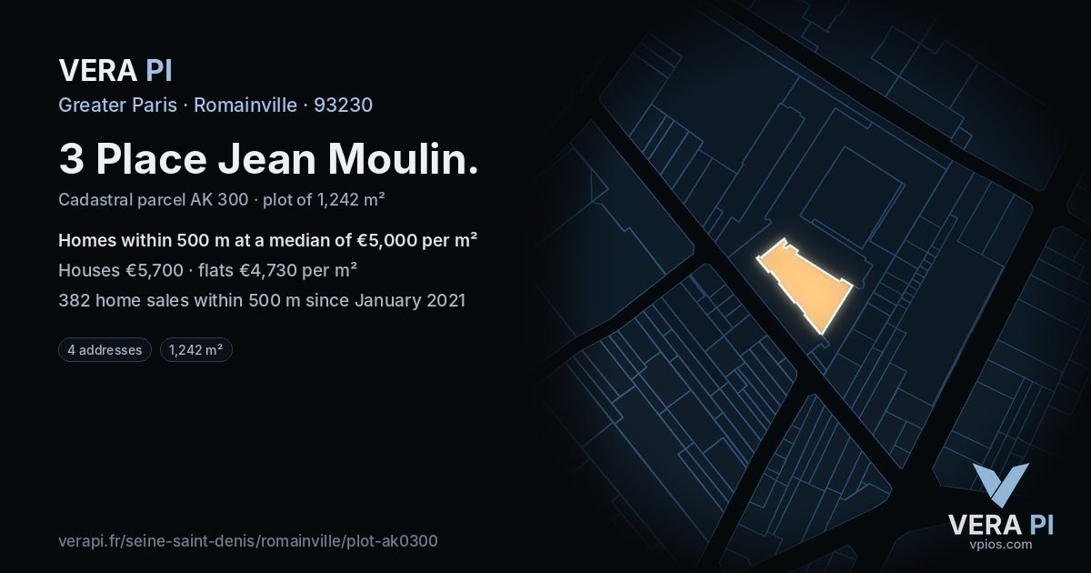 3 Place Jean Moulin, Romainville at night – the plot lit, the parcels around coloured by the prices near them