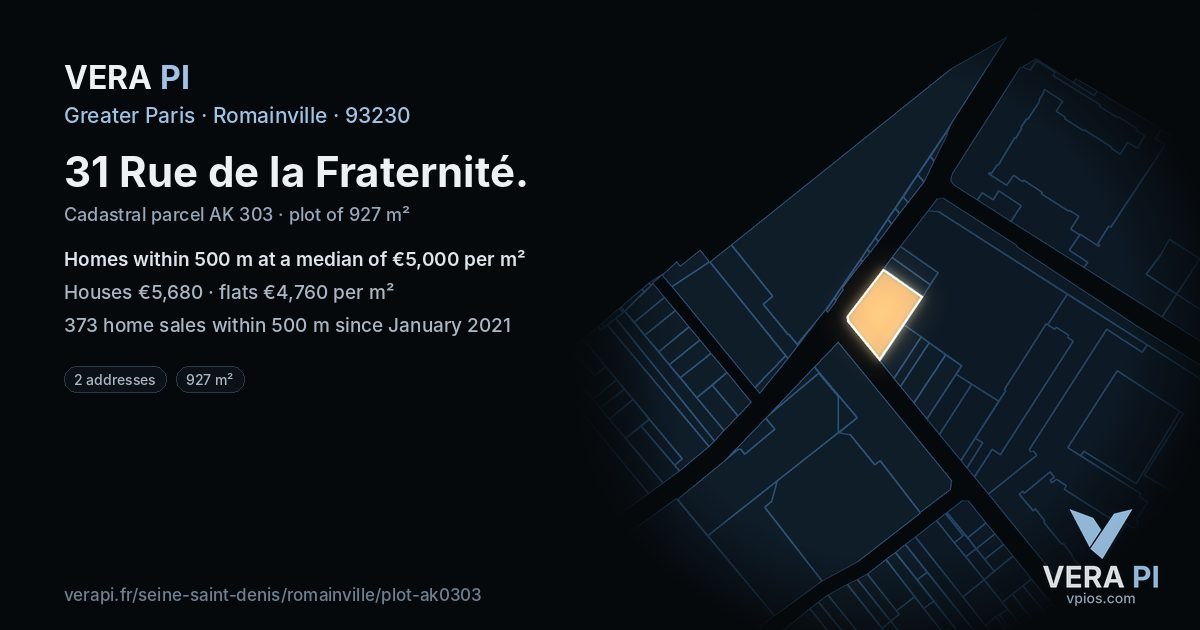 31 Rue de la Fraternité, Romainville at night – the plot lit, the parcels around coloured by the prices near them