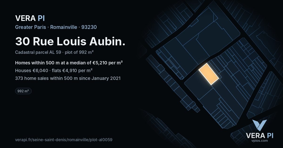 30 Rue Louis Aubin, Romainville at night – the plot lit, the parcels around coloured by the prices near them