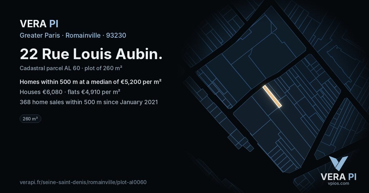 22 Rue Louis Aubin, Romainville at night – the plot lit, the parcels around coloured by the prices near them