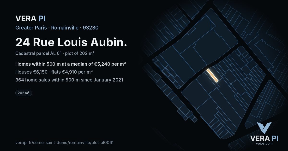 24 Rue Louis Aubin, Romainville at night – the plot lit, the parcels around coloured by the prices near them