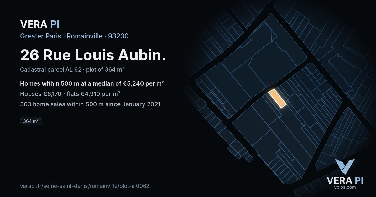 26 Rue Louis Aubin, Romainville at night – the plot lit, the parcels around coloured by the prices near them
