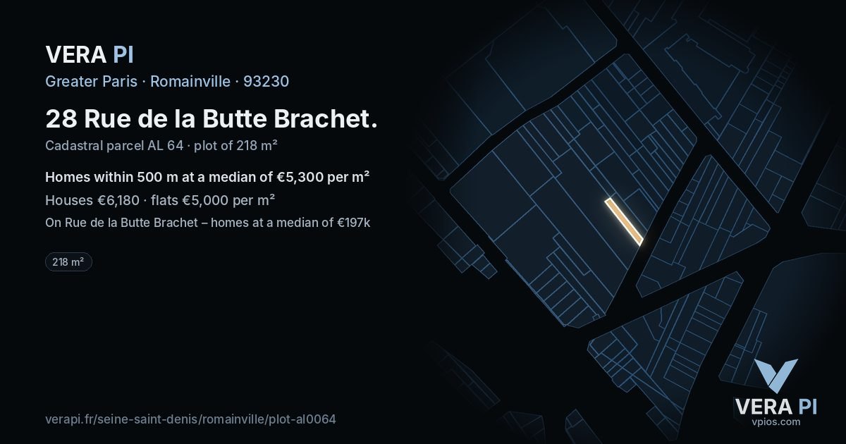 28 Rue de la Butte Brachet, Romainville at night – the plot lit, the parcels around coloured by the prices near them