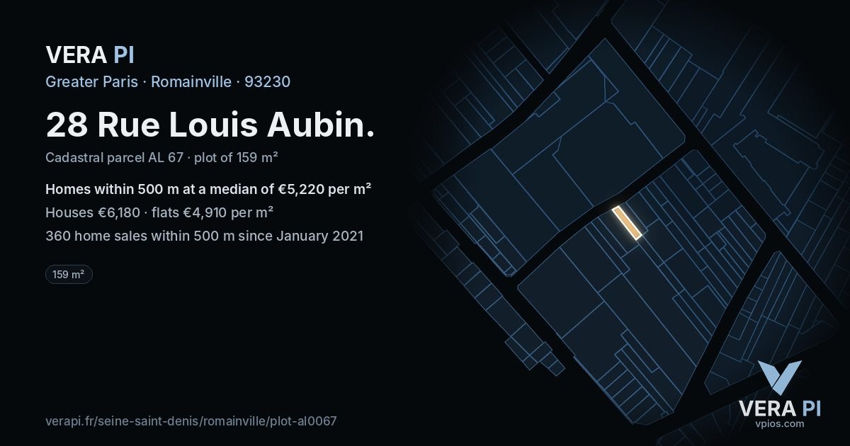 28 Rue Louis Aubin, Romainville at night – the plot lit, the parcels around coloured by the prices near them