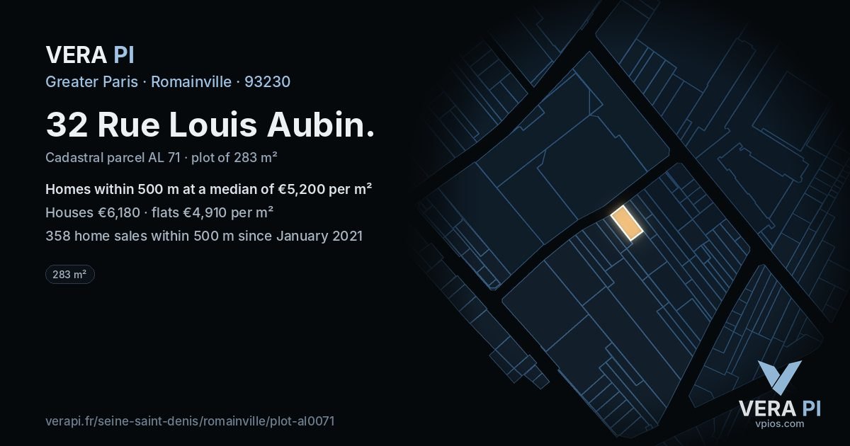 32 Rue Louis Aubin, Romainville at night – the plot lit, the parcels around coloured by the prices near them