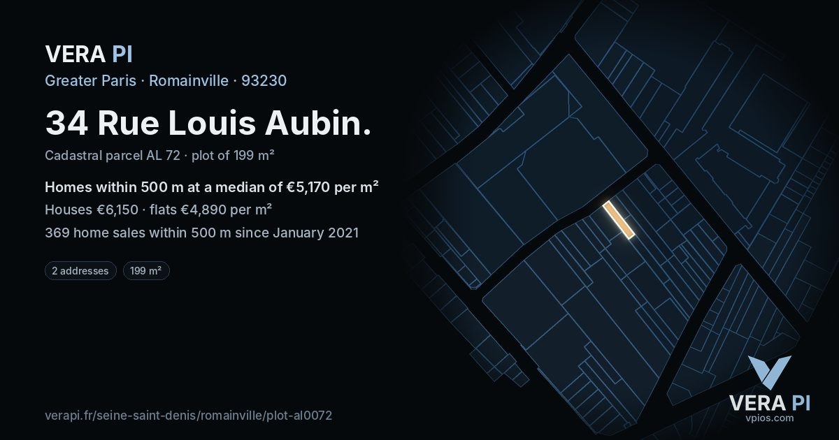 34 Rue Louis Aubin, Romainville at night – the plot lit, the parcels around coloured by the prices near them
