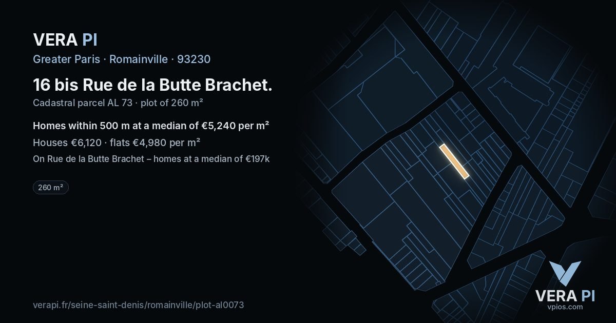 16 bis Rue de la Butte Brachet, Romainville at night – the plot lit, the parcels around coloured by the prices near them