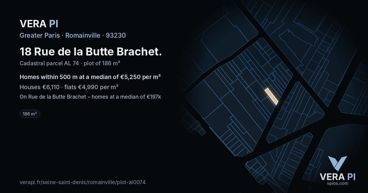 18 Rue de la Butte Brachet, Romainville at night – the plot lit, the parcels around coloured by the prices near them