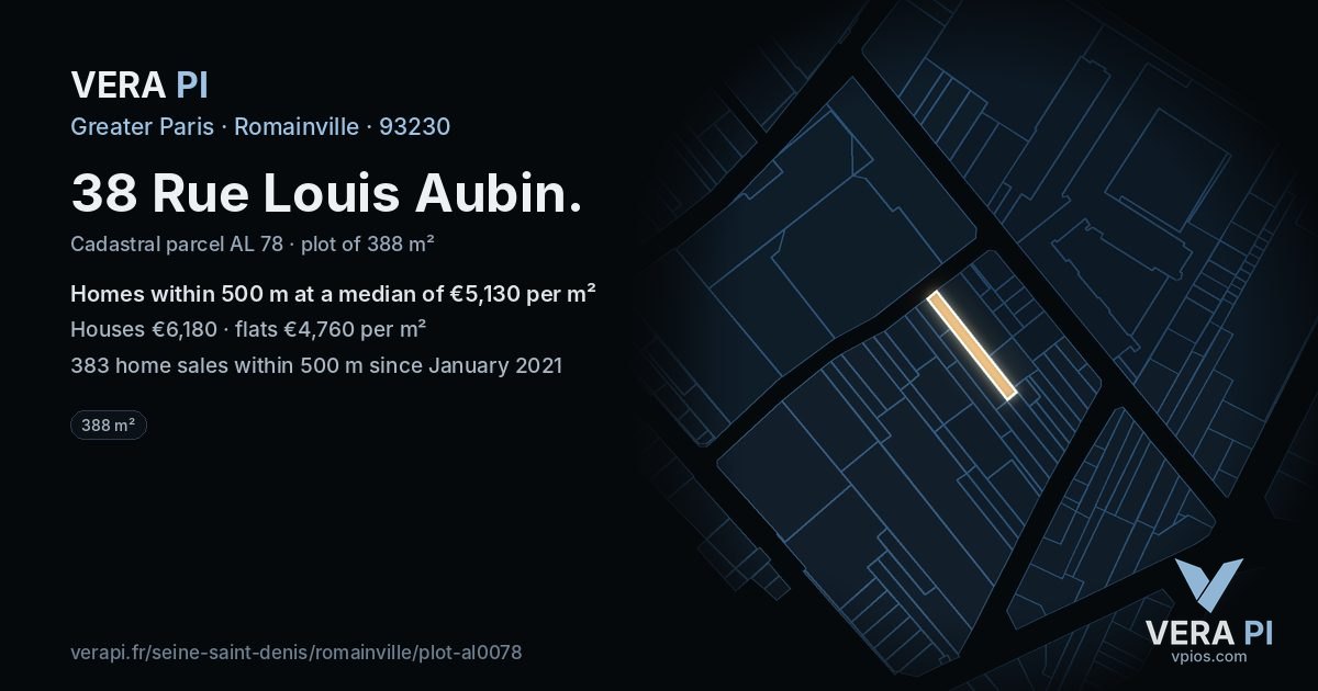 38 Rue Louis Aubin, Romainville at night – the plot lit, the parcels around coloured by the prices near them