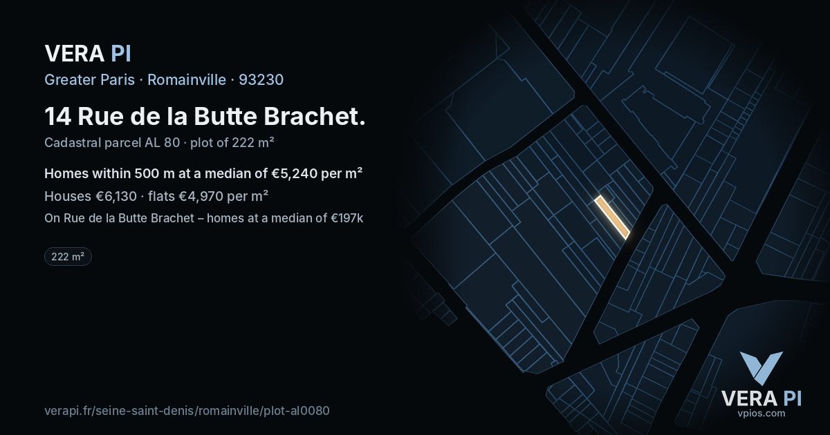 14 Rue de la Butte Brachet, Romainville at night – the plot lit, the parcels around coloured by the prices near them