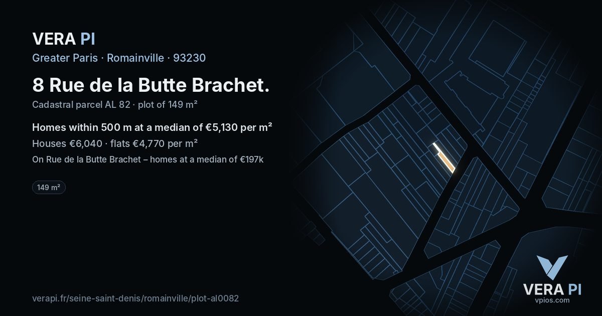 8 Rue de la Butte Brachet, Romainville at night – the plot lit, the parcels around coloured by the prices near them