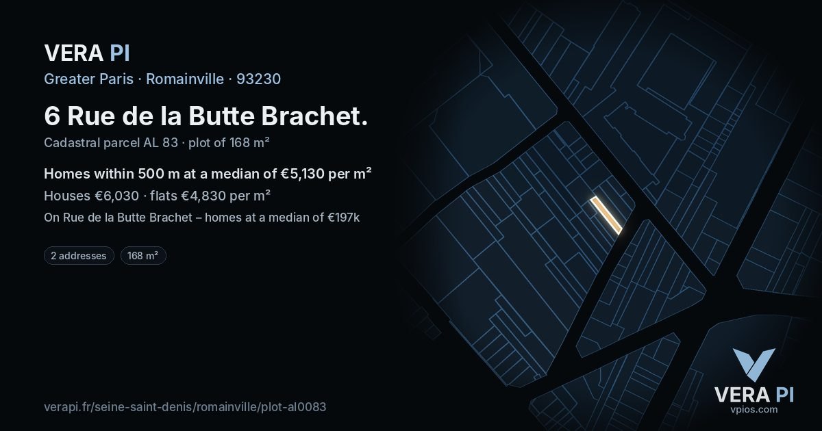 6 Rue de la Butte Brachet, Romainville at night – the plot lit, the parcels around coloured by the prices near them