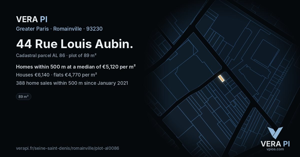 44 Rue Louis Aubin, Romainville at night – the plot lit, the parcels around coloured by the prices near them
