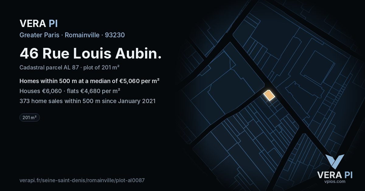 46 Rue Louis Aubin, Romainville at night – the plot lit, the parcels around coloured by the prices near them